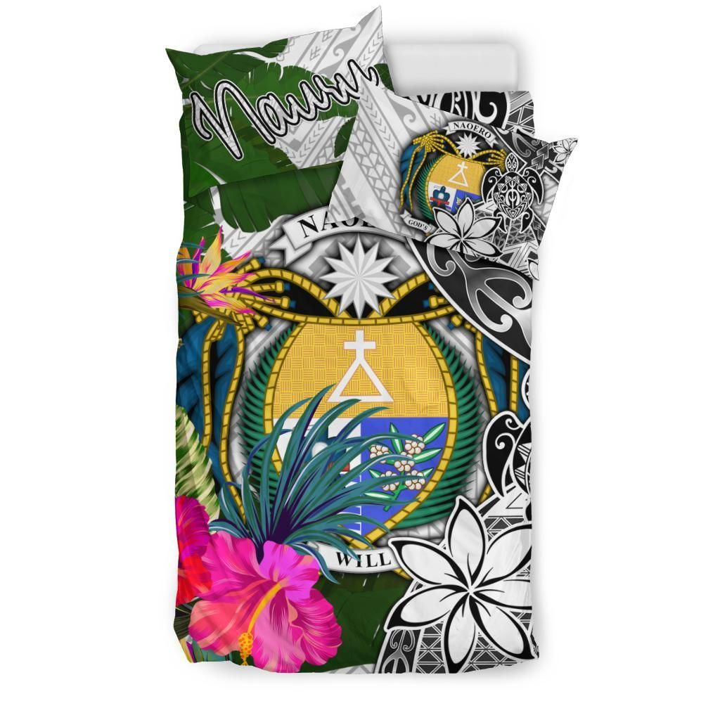 Nauru Bedding Set White - Turtle Plumeria Banana Leaf Crest