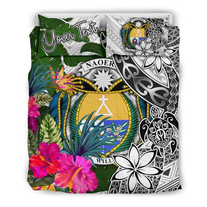 Nauru Custom Personalised Bedding Set White - Turle Plumeria Banana Leaf Crest