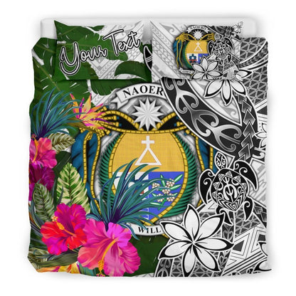 Nauru Custom Personalised Bedding Set White - Turle Plumeria Banana Leaf Crest
