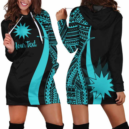 Nauru Custom Personalised Hoodie Dress - Turquoise Polynesian Tentacle Pattern