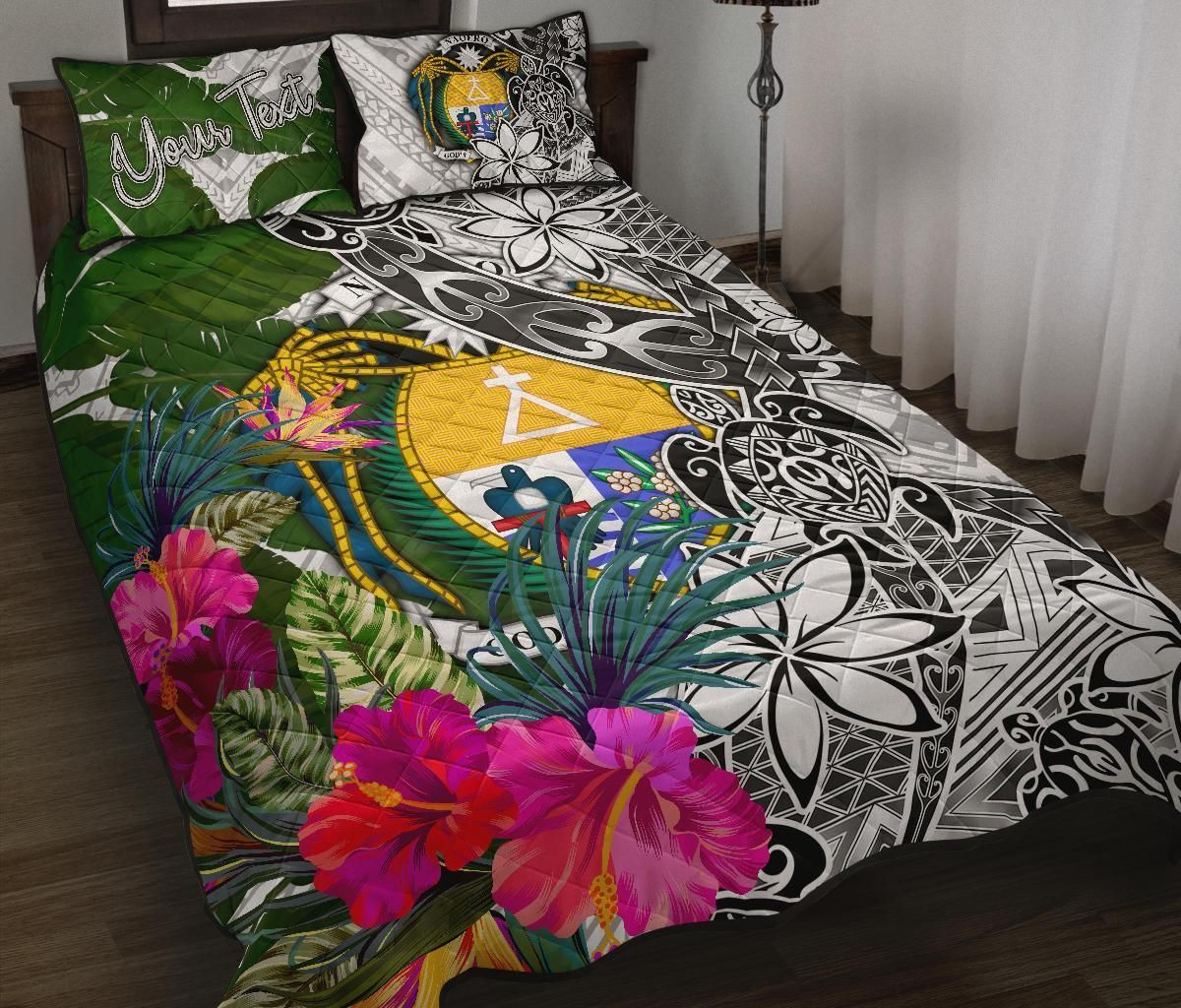 Nauru Custom Personalised Quilt Bed Set White - Turtle Plumeria Banana Leaf Crest