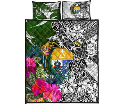 Nauru Custom Personalised Quilt Bed Set White - Turtle Plumeria Banana Leaf Crest