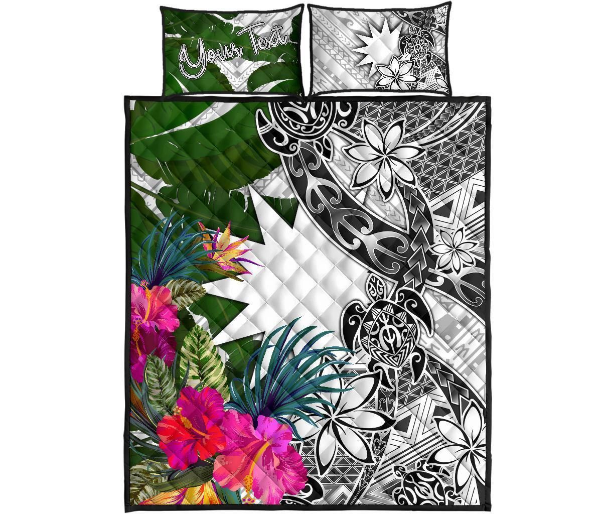 Nauru Custom Personalised Quilt Bed Set White - Turtle Plumeria Banana Leaf