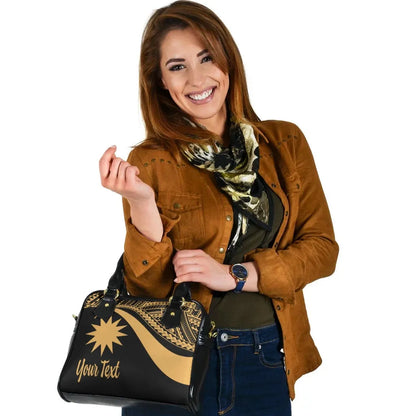 Nauru Custom Personalised Shoulder Handbag - Gold Polynesian Tentacle Tribal Pattern