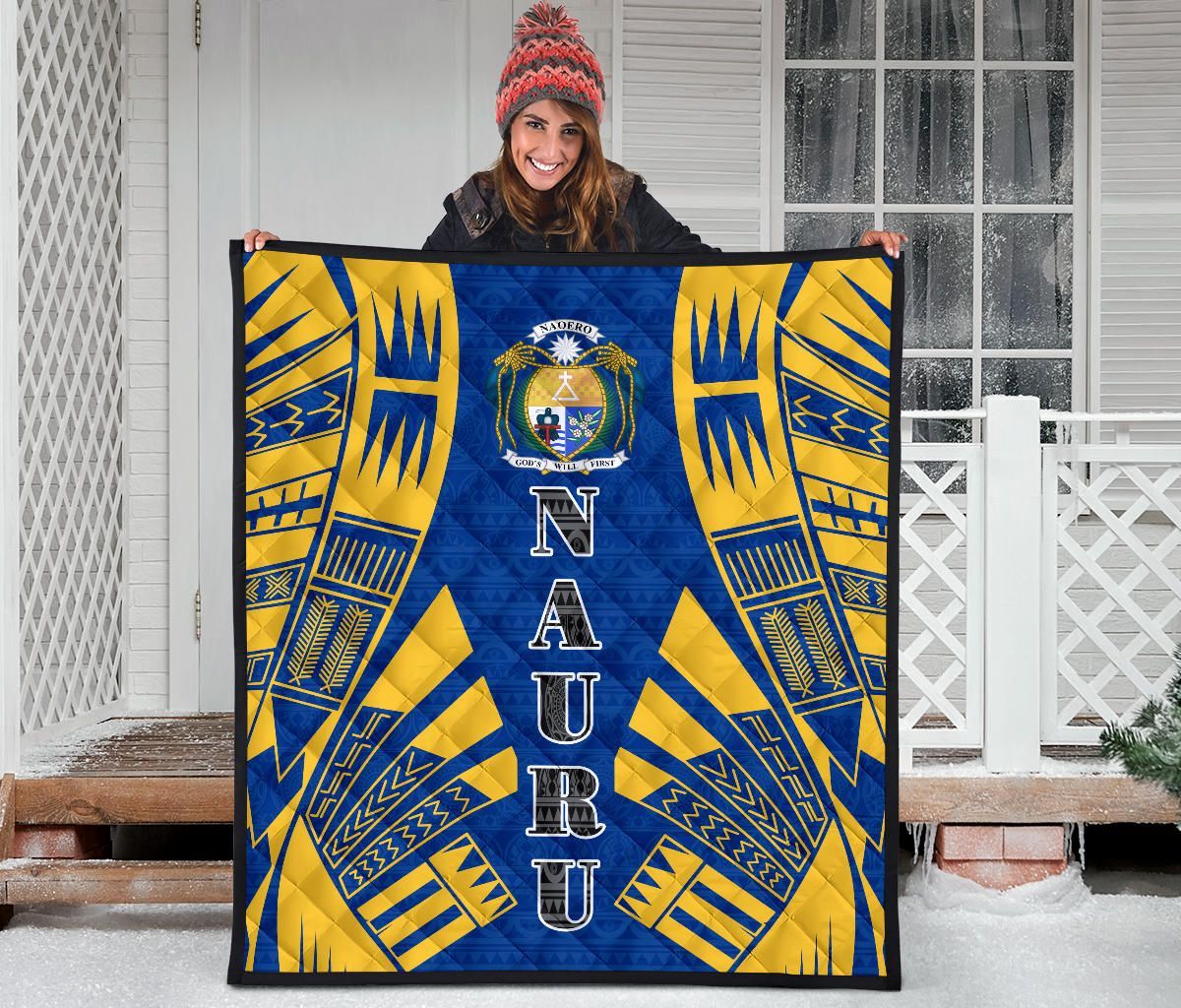 Nauru Premium Quilt - Nauru Coat Of Arms Polynesian Yellow Tattoo