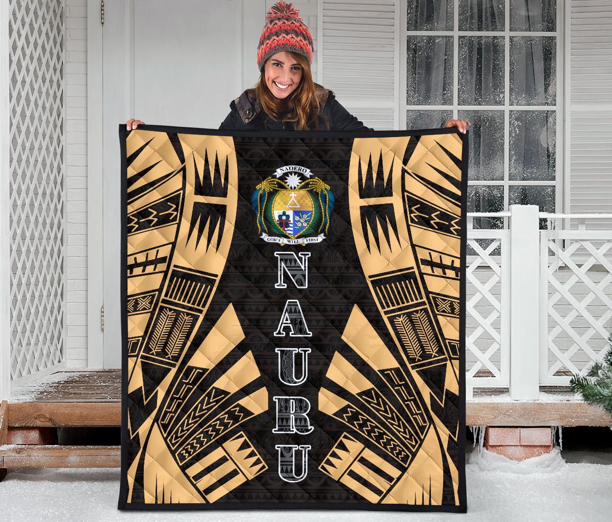 Nauru Premium Quilt - Nauru Coat Of Arms Polynesian Gold Tattoo