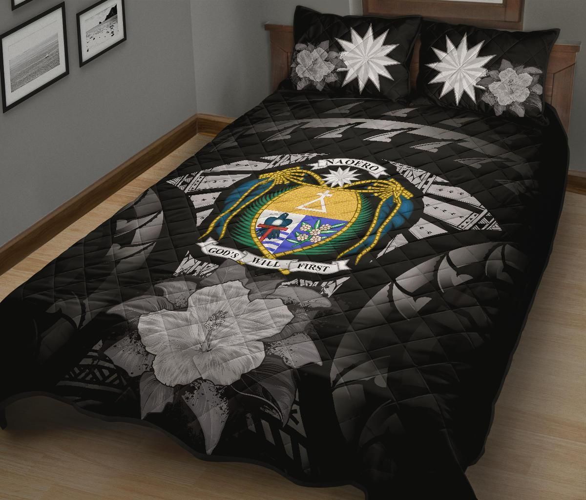 Nauru Polynesian Quilt Bed Set Hibiscus Gray