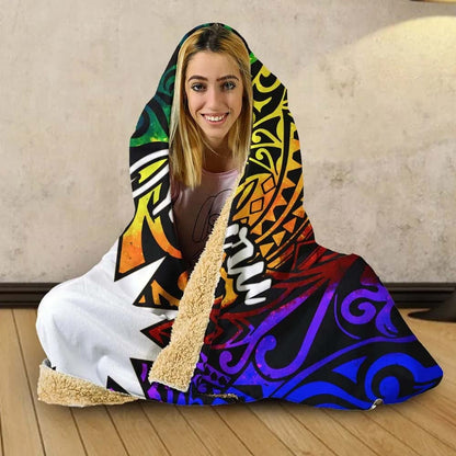 Nauru Hooded Blanket - Rainbow Polynesian Pattern
