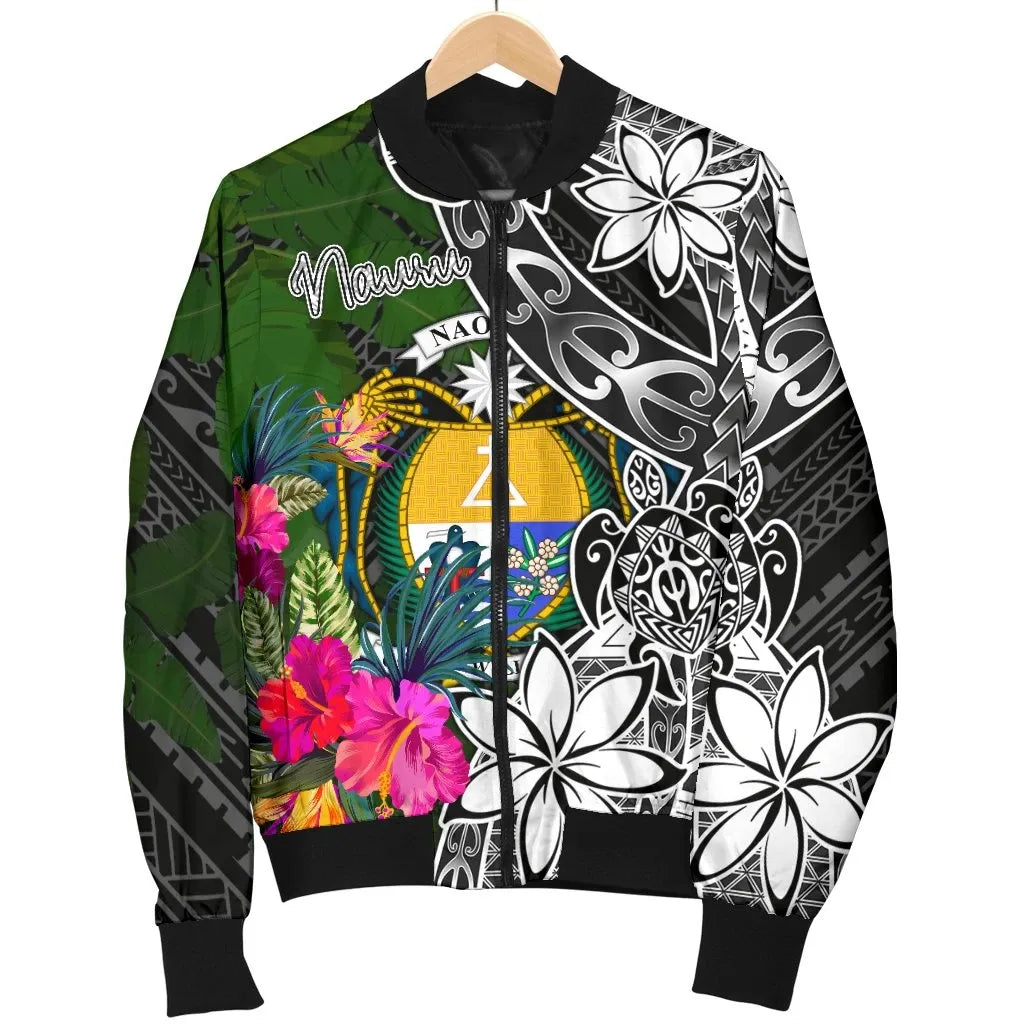 Nauru Bomber Jacket - Turtle Plumeria Banana Leaf Crest