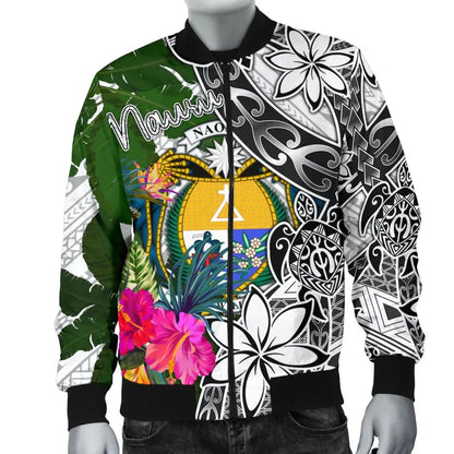Nauru Bomber Jacket White - Turtle Plumeria Banana Leaf Crest