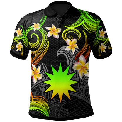 Nauru Polo Shirt - Custom Personalised Polynesian Waves with Plumeria Flowers (Reggae)