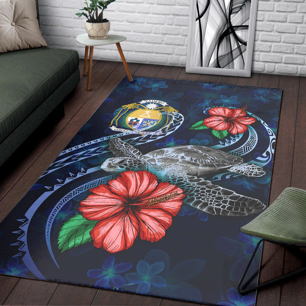 Nauru Polynesian Area Rug - Blue Turtle Hibiscus