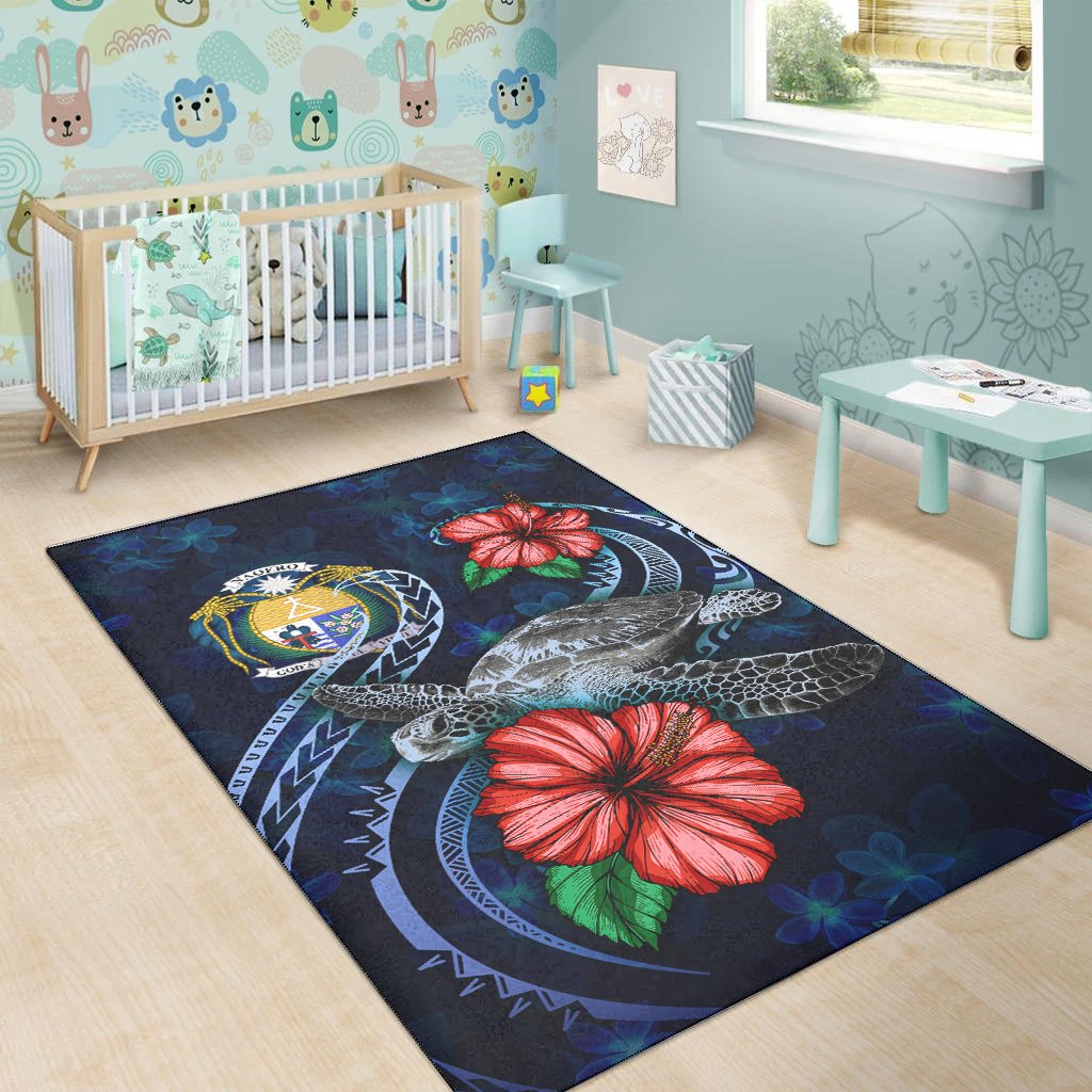 Nauru Polynesian Area Rug - Blue Turtle Hibiscus