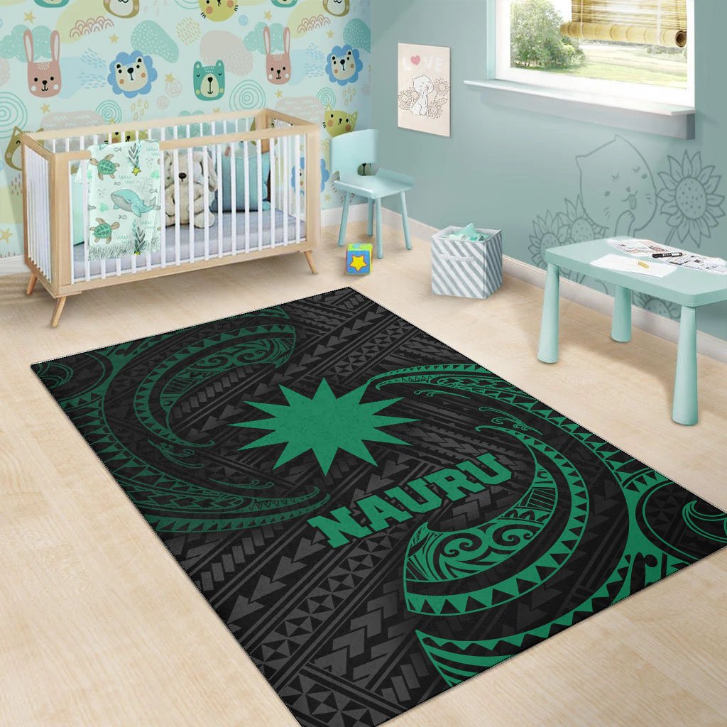 Nauru Polynesian Area Rug - Green Tribal Wave