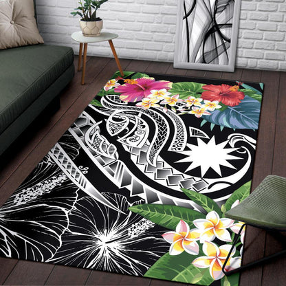 Nauru Polynesian Area Rug - Summer Plumeria (Black)