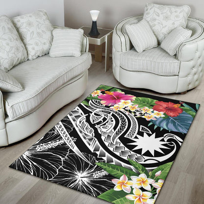 Nauru Polynesian Area Rug - Summer Plumeria (Black)