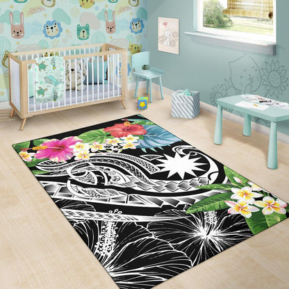 Nauru Polynesian Area Rug - Summer Plumeria (Black)