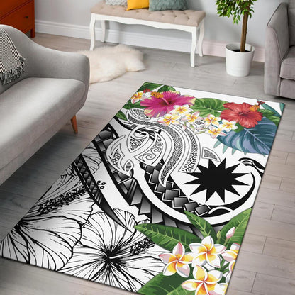 Nauru Polynesian Area Rug - Summer Plumeria (White)