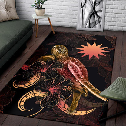 Nauru Polynesian Area Rugs - Turtle With Blooming Hibiscus Gold