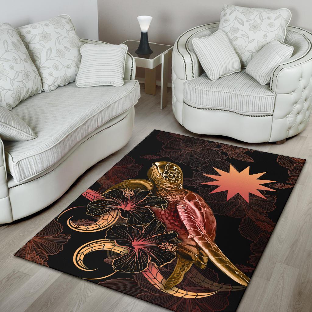Nauru Polynesian Area Rugs - Turtle With Blooming Hibiscus Gold
