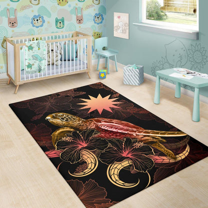 Nauru Polynesian Area Rugs - Turtle With Blooming Hibiscus Gold