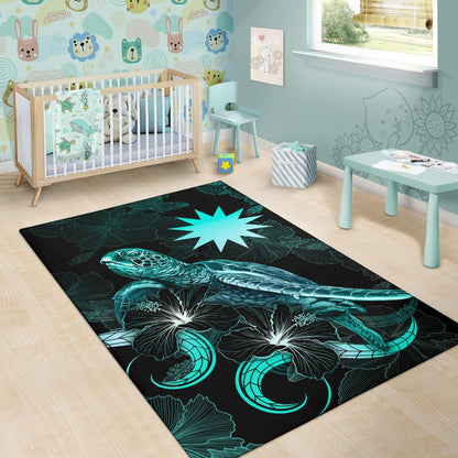 Nauru Polynesian Area Rugs - Turtle With Blooming Hibiscus Turquoise