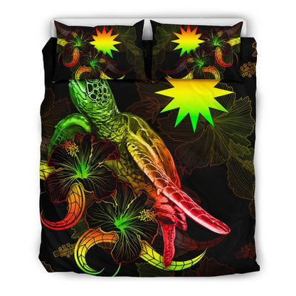 Nauru Polynesian Bedding Set - Turtle With Blooming Hibiscus Reggae