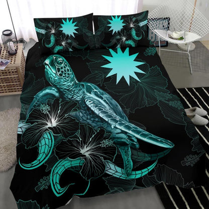 Nauru Polynesian Bedding Set - Turtle With Blooming Hibiscus Turquoise