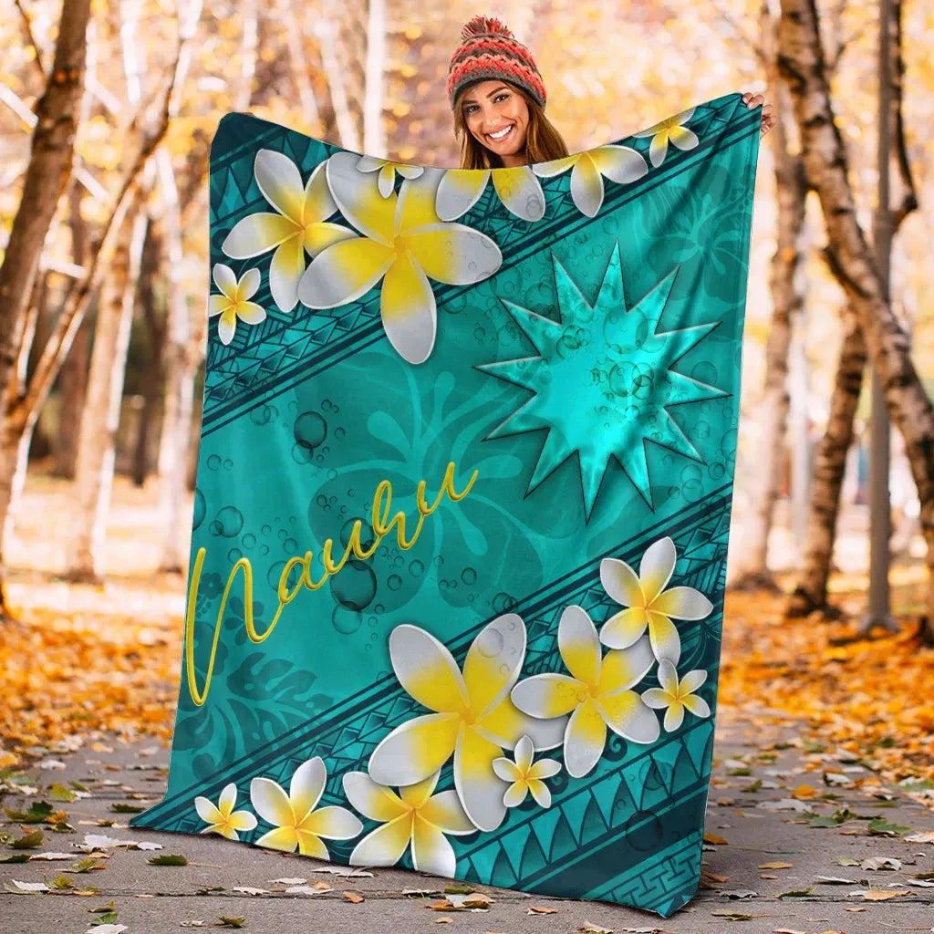 Nauru Polynesian Blanket - Plumeria With Blue Ocean