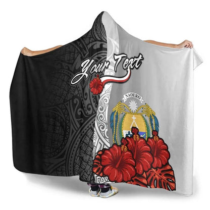 Nauru Polynesian Custom Personalised Hooded Blanket- Coat Of Arm With Hibiscus White