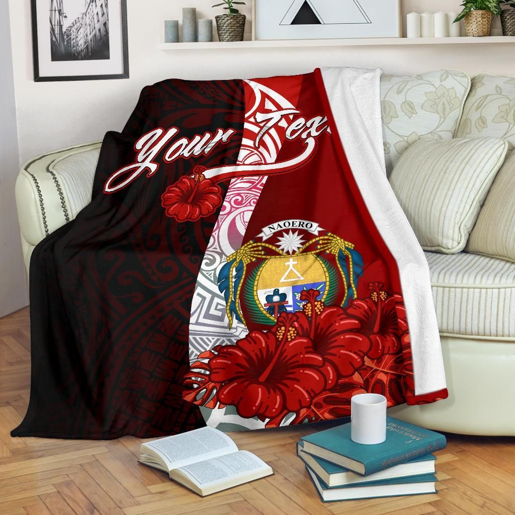 Nauru Polynesian Custom Personalised Premium Blanket - Coat Of Arm With Hibiscus