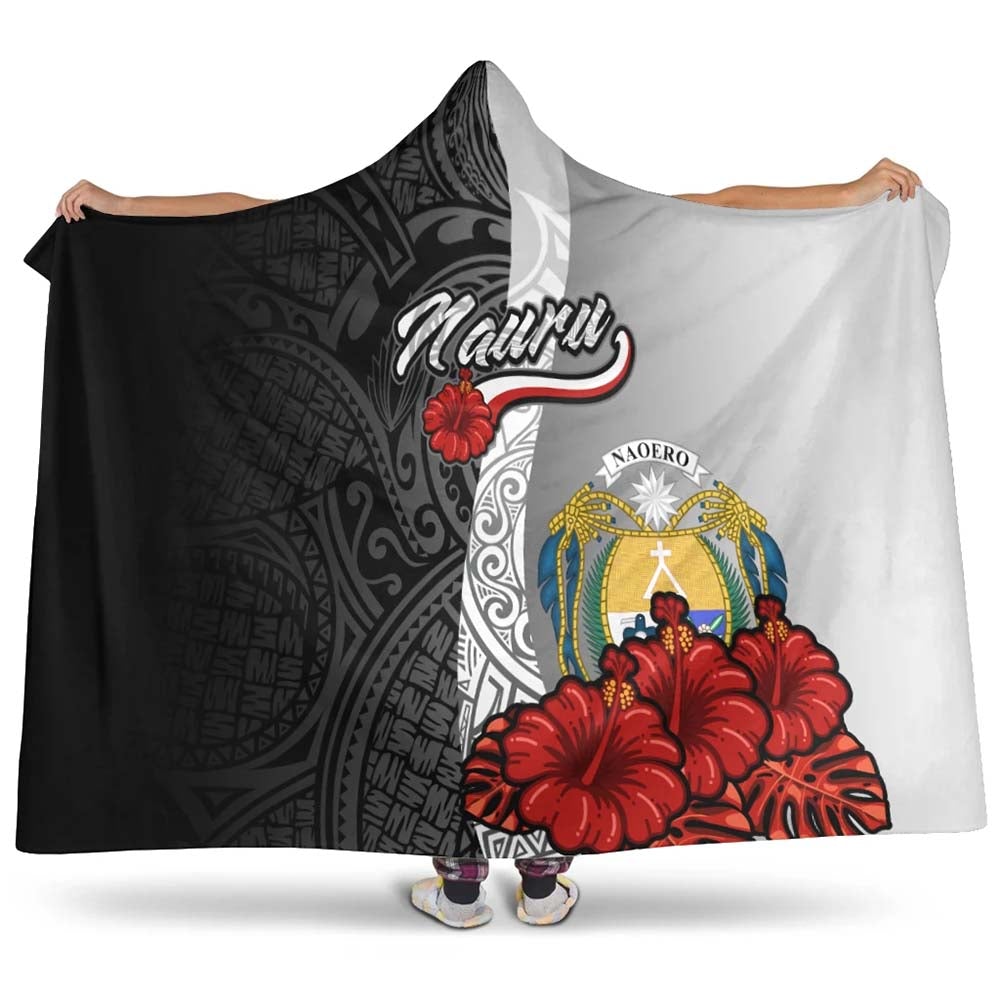 Nauru Polynesian Hooded Blanket- Coat Of Arm With Hibiscus White