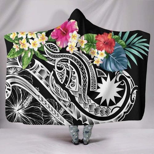 Nauru Polynesian Hooded Blanket - Summer Plumeria (Black)