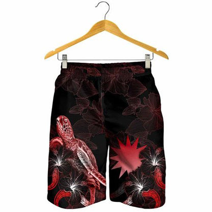 Nauru Polynesian Men Shorts - Turtle With Blooming Hibiscus Red