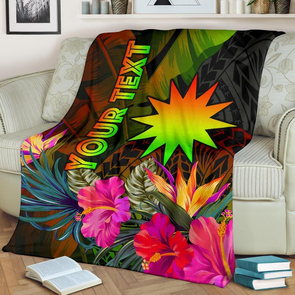 Nauru Polynesian Personalised Premium Blanket -  Hibiscus and Banana Leaves