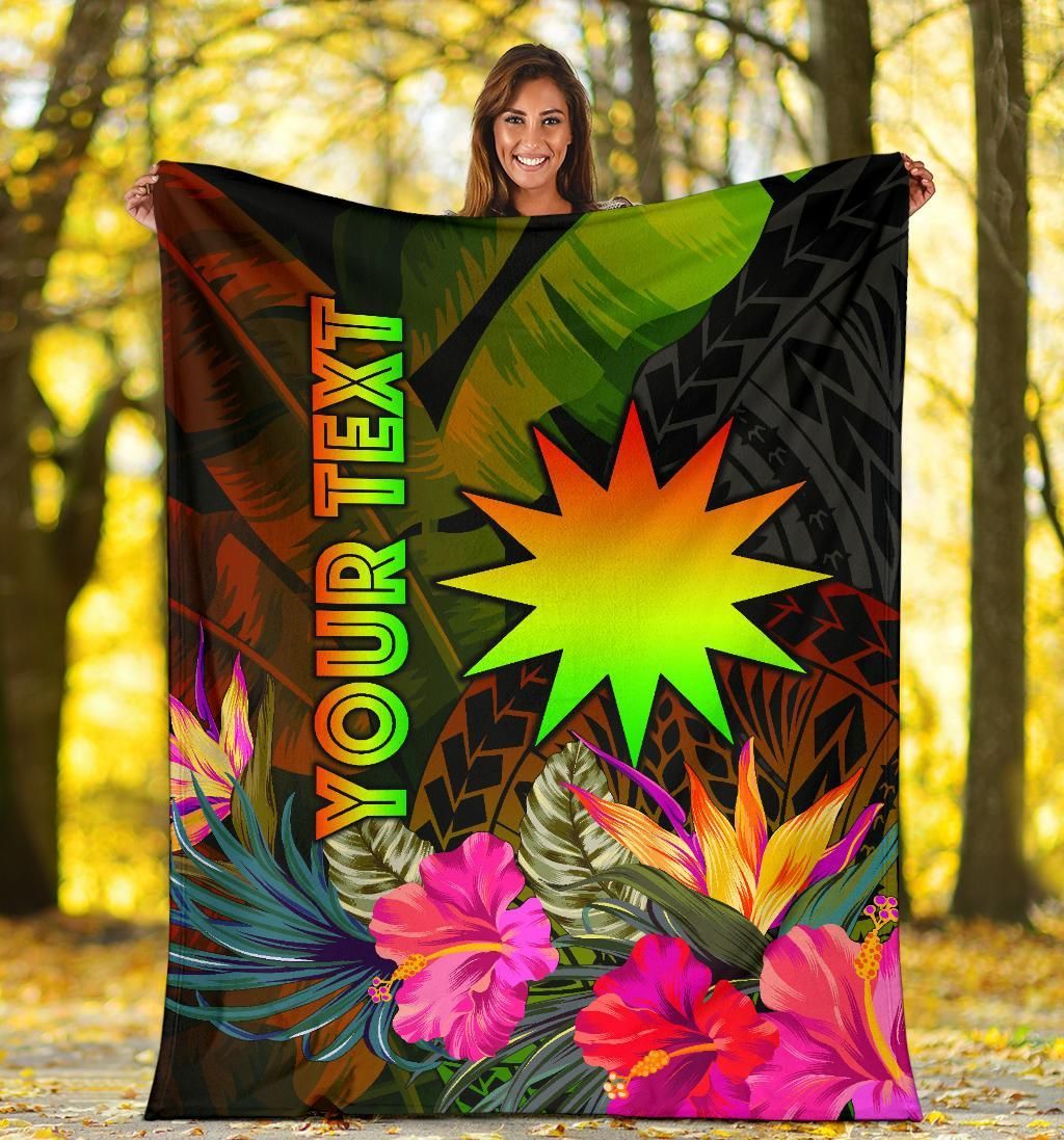 Nauru Polynesian Personalised Premium Blanket -  Hibiscus and Banana Leaves
