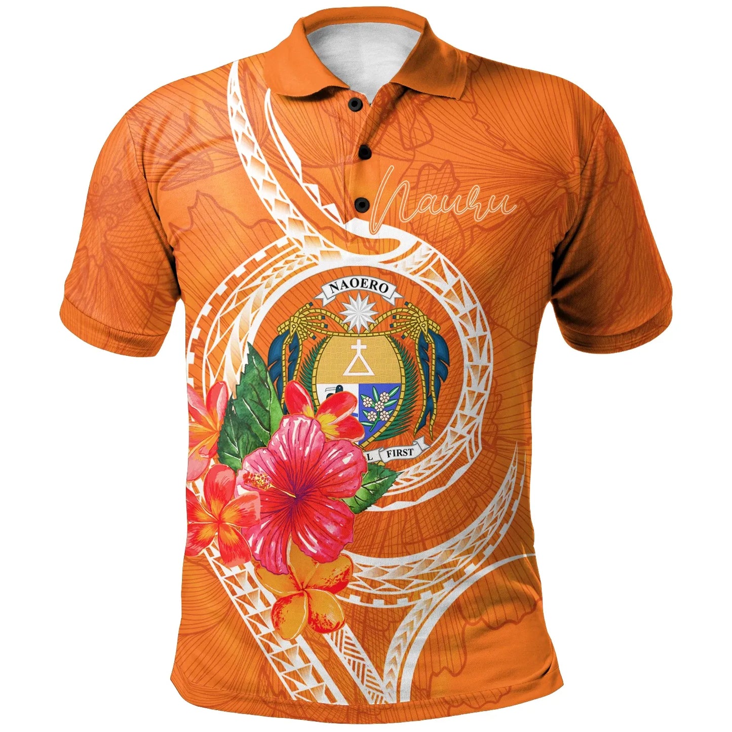 Nauru Polynesian Polo Shirt - Orange Floral With Seal