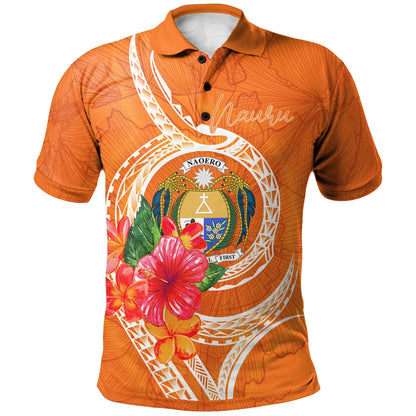 Nauru Polynesian Polo Shirt - Orange Floral With Seal