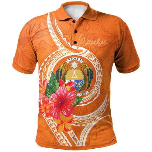 Nauru Polynesian Polo Shirt - Orange Floral With Seal