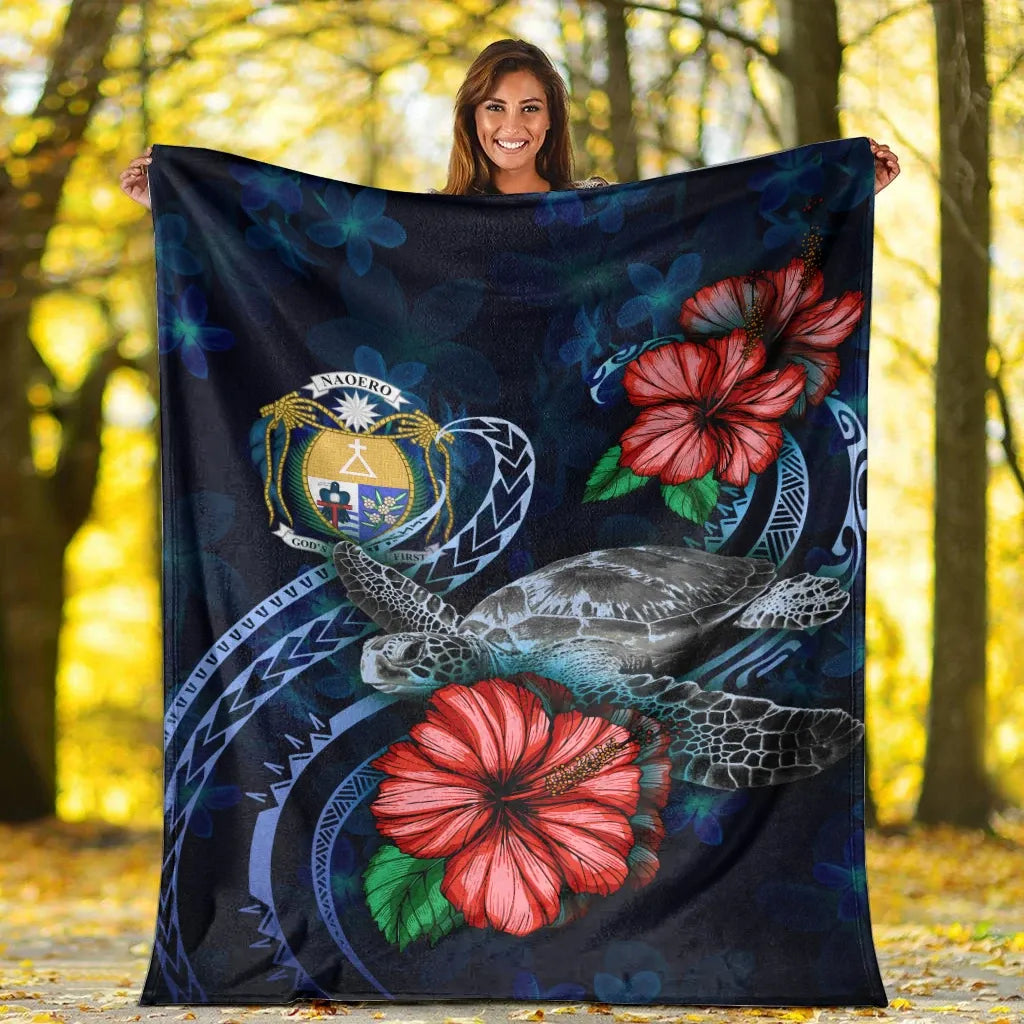 Nauru Polynesian Premium Blanket - Blue Turtle Hibiscus