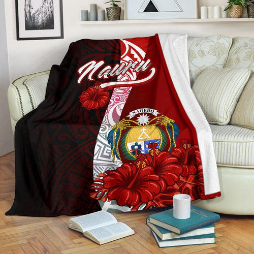 Nauru Polynesian Premium Blanket - Coat Of Arm With Hibiscus