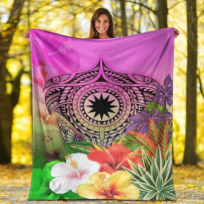 Nauru Polynesian Premium Blanket - Manta Ray Tropical Flowers