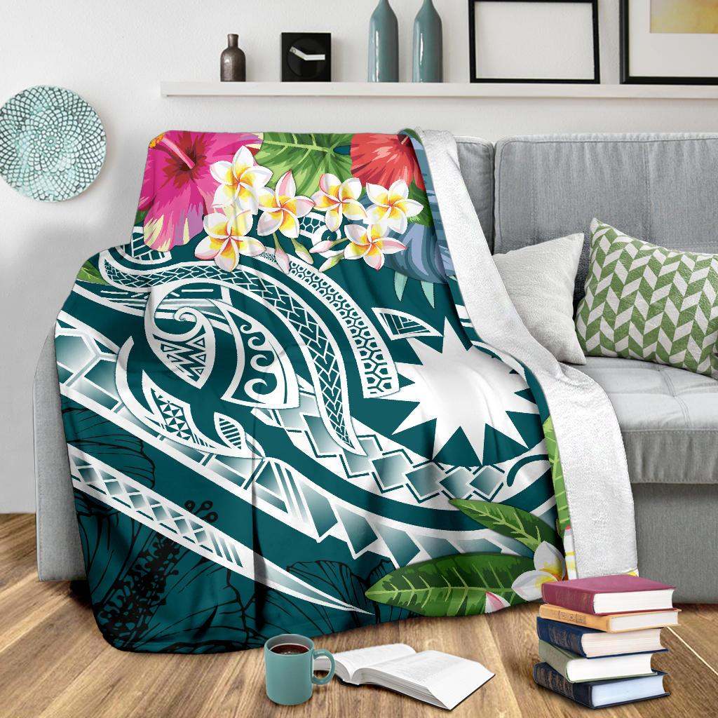 Nauru Polynesian Premium Blanket - Summer Plumeria (Turquoise)