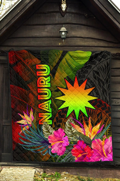 Nauru Polynesian Premium Quilt -  Hibiscus and Banana Leaves