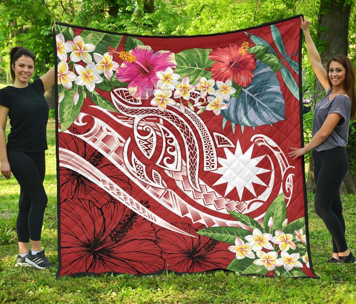 Nauru Polynesian Premium Quilt - Summer Plumeria (Red)
