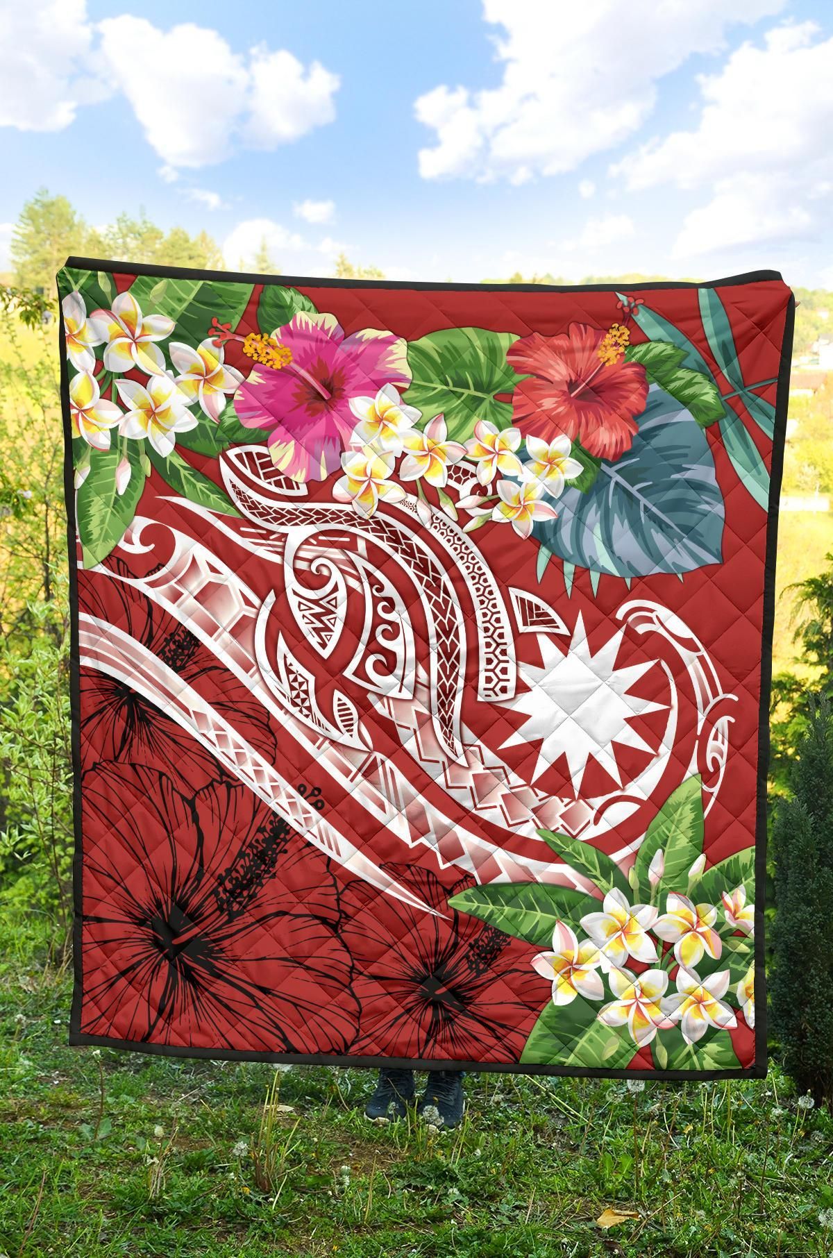 Nauru Polynesian Premium Quilt - Summer Plumeria (Red)
