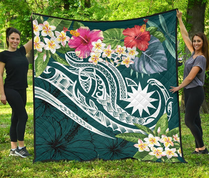 Nauru Polynesian Premium Quilt - Summer Plumeria (Turquoise)