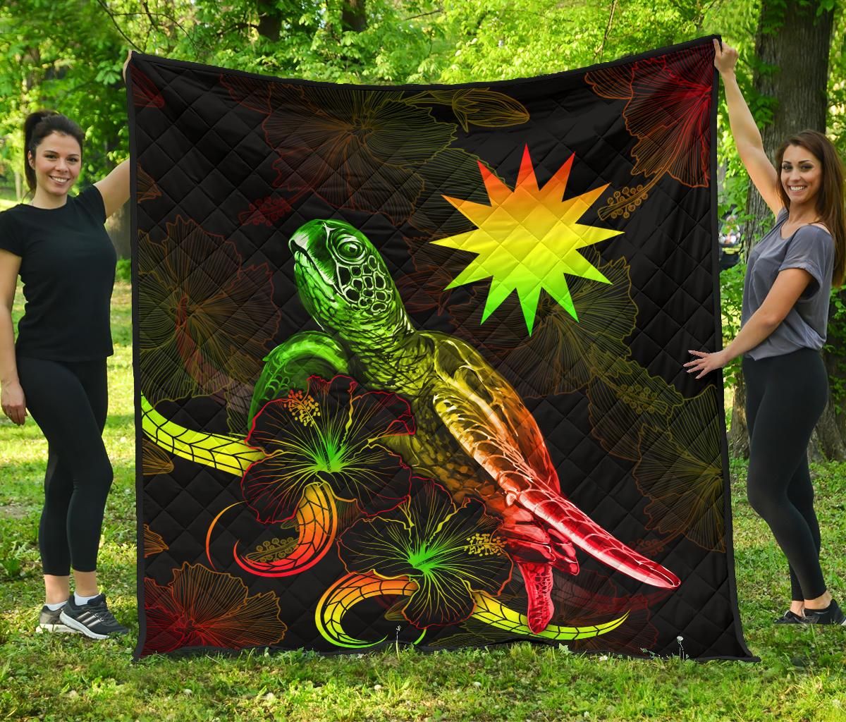 Nauru Polynesian Premium Quilt - Turtle With Blooming Hibiscus Reggae