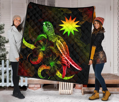Nauru Polynesian Premium Quilt - Turtle With Blooming Hibiscus Reggae