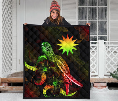 Nauru Polynesian Premium Quilt - Turtle With Blooming Hibiscus Reggae